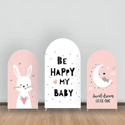 Be Happy Pink White Rabbit Moon Arch Backdrop Kit - Aperturee