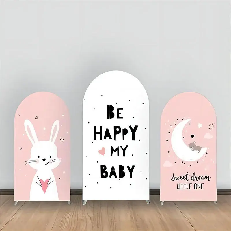 Be Happy Pink White Rabbit Moon Arch Backdrop Kit - Aperturee