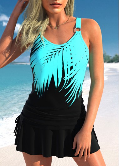 Modlily Drawstring Tropical Plants Print Black Tankini Top - XXL