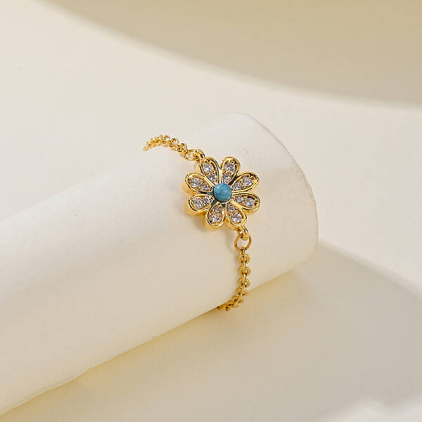 Vintage Brass Cubic Zirconia Flower Adjustable Chain Women's Ring