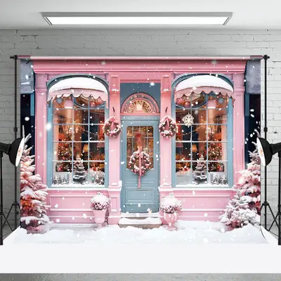 Snowy Pink Blue House Tree Winter Christmas Backdrop