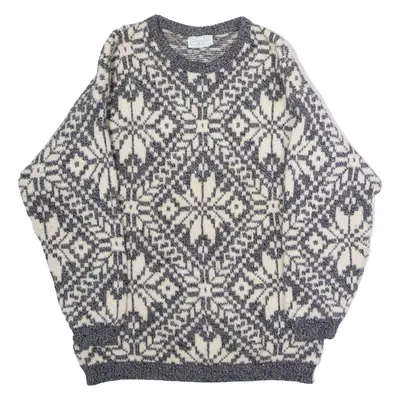 BENETTON Mens Patterned Jumper Grey Crew Neck 90s Tight Knit Wool M