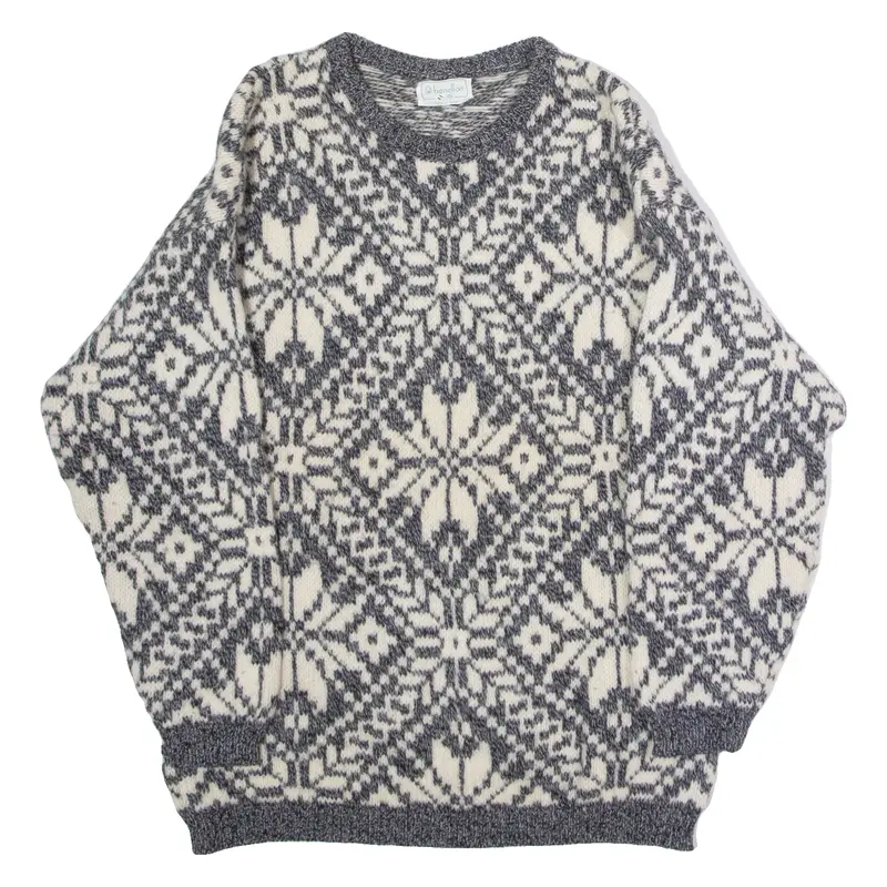 BENETTON Mens Patterned Jumper Grey Crew Neck 90s Tight Knit Wool M