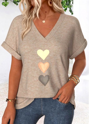 Modlily Light Camel Tummy Coverage Heart Print T Shirt - XXL