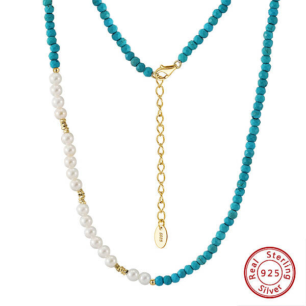 Faceted Round Natural Turquoise & Shell Pearl Beaded Necklaces
