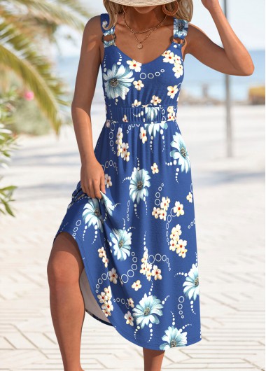 Modlily Blue Circular Ring Floral Print Strappy V Neck Dress - L
