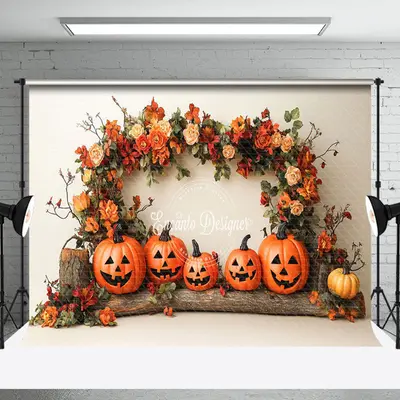 Aperturee Arch Floral Leaves Pumpkins Trunk Photo Backdrop - Aperturee