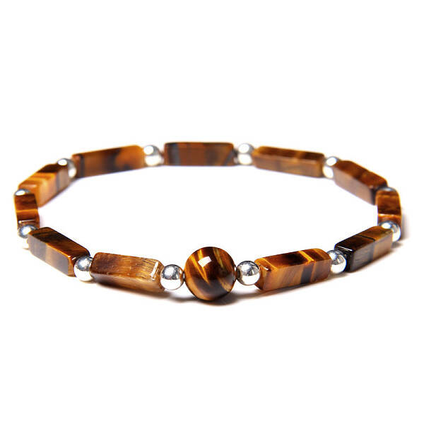 Natural Tiger Eye Round Ball & Rectagnle Beaded Stretch Bracelet