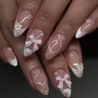 Bow & Flower Decor Short Almond Fake Nail, 24pcs Glossy False Nails with 1 Sheet Tape & Nail File for Women & Girls DIY Nail ...