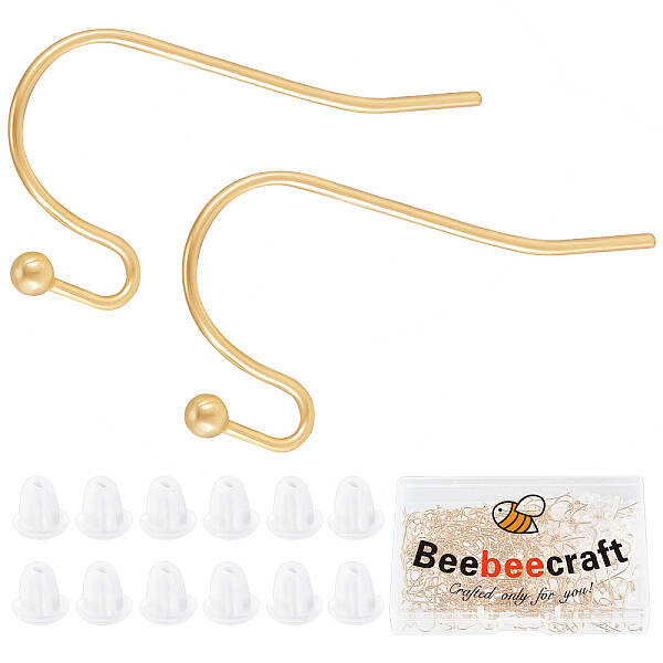 Beebeecraft 1 Box 200Pcs French Earring Hooks 18K Gold Plated Fish Hook Ear Wires Kit with Plastic Ear Nuts for DIY Women Ear...