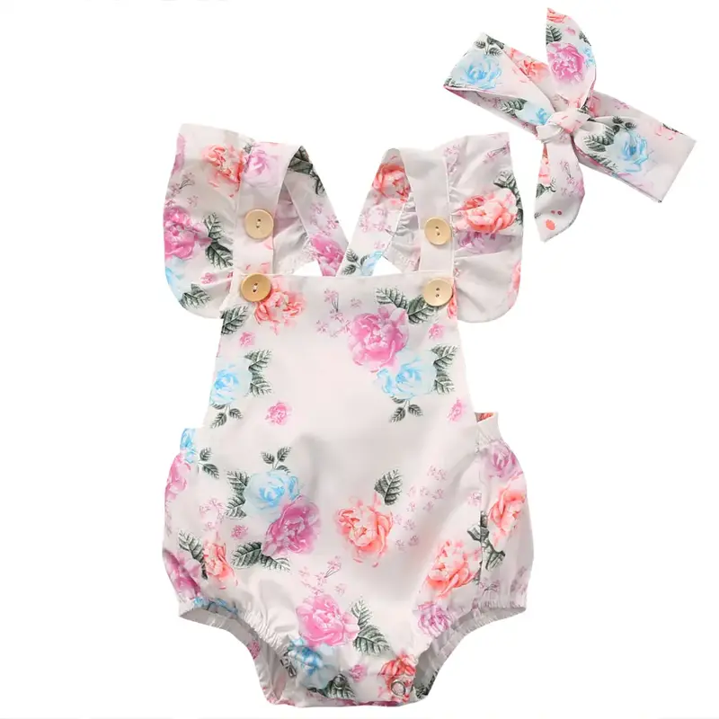 Baby Girl Summer Clothes Outfits Flying Sleeve Romper Floral Bodysuit Sleeveless Jumpsuit with Headband for Newborn Infant Gi...
