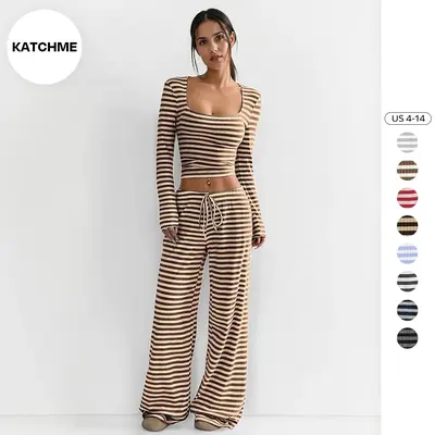 KatchMe Women's Slouchy Square Neck Stripe Long Sleeve Crop Top & Low-Rise Wide Leg Trousers Co-ord, Minimalist Two Piece Out...