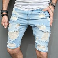 New Summer Men Slim fit Holes Denim Shorts Male Stylish Distressed Solid Casual Five-point Denim Shorts