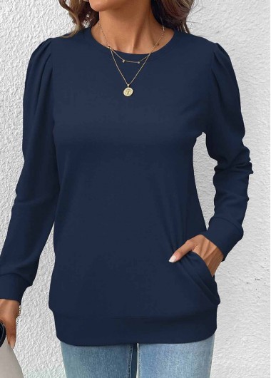 Modlily Navy Double Side Pockets Long Sleeve Round Neck Sweatshirt - XXL