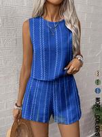 Two-piece Set Women's Striped Print Crop Tanktop & Shorts, Fitted Casual Sleeveless Round Neck Top & Shorts for Summer, Ladie...