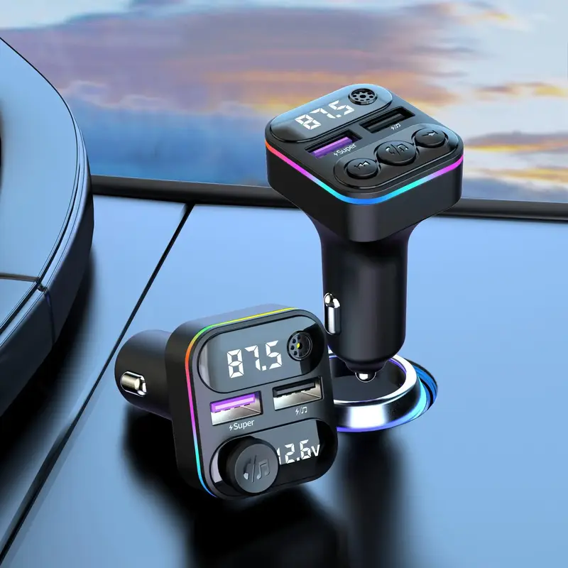 Car Charger for Summer Gift, Multifunctional Car Bluetooth-compatible 5.3 Wireless Transmitter With LED Display & RGB Ligh...