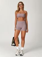 Women's Solid Crop Tube Top & High Waist Sports Shorts Sportswear Set, High Stretch Casual Comfy Breathable Backless Straples...