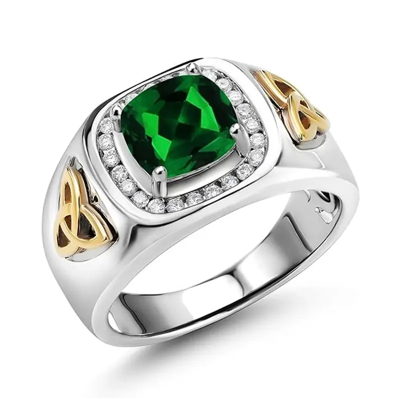 10K Two-Tone Gold Cushion Cut Emerald & 0.2 CT.T.W. Diamond Wedding Band for Men
