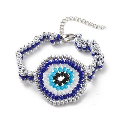 Glass Seed Braided Evil Eye Link Bracelet for Women