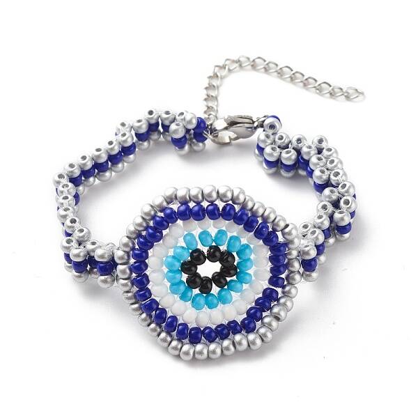 Glass Seed Braided Evil Eye Link Bracelet for Women