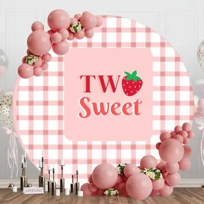 Two Sweet Pink Grid Round Birthday Backdrop For Girl - Aperturee