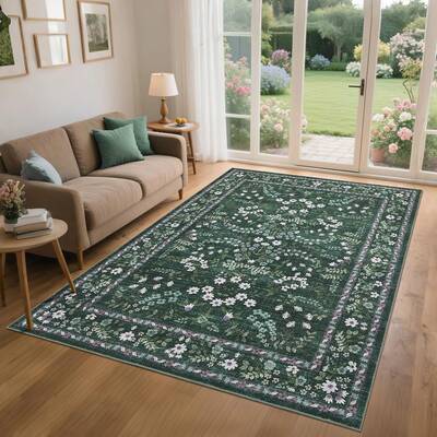 Garvee Large Area Rug 8x10 Modern Farmhouse Floral Non-Slip Washable Polyester Thin Foldable Green for Living Room Bedroom