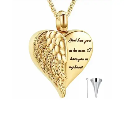 14K Gold Personalized Engraving & Angel Wing & Heart Urn Necklace for Ashes