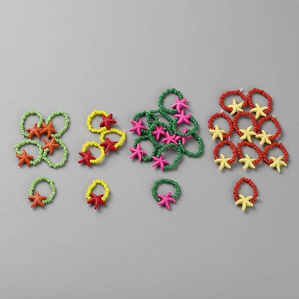 26Pcs Starfish Acrylic & Glass Seed Beaded Stretch Rings Sets