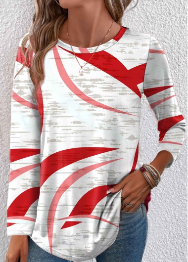 Modlily Red Lightweight Geometric Print Long Sleeve T Shirt - XXL