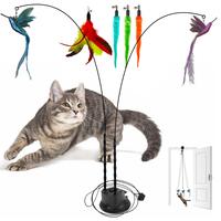 Gift for Pets, Interactive Cat Toy Set, 8 Counts/set Including 2 Cat Wands with Base and 6 Feather Replacement Heads with Be...