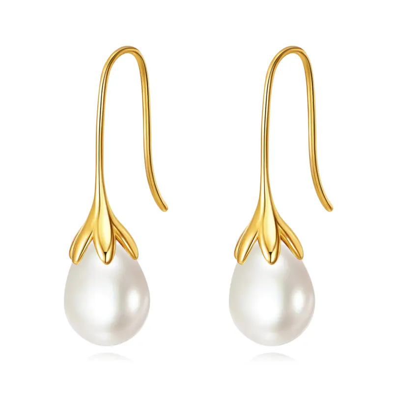 Sterling Silver with Yellow Gold Plated Pearl Drop Earrings