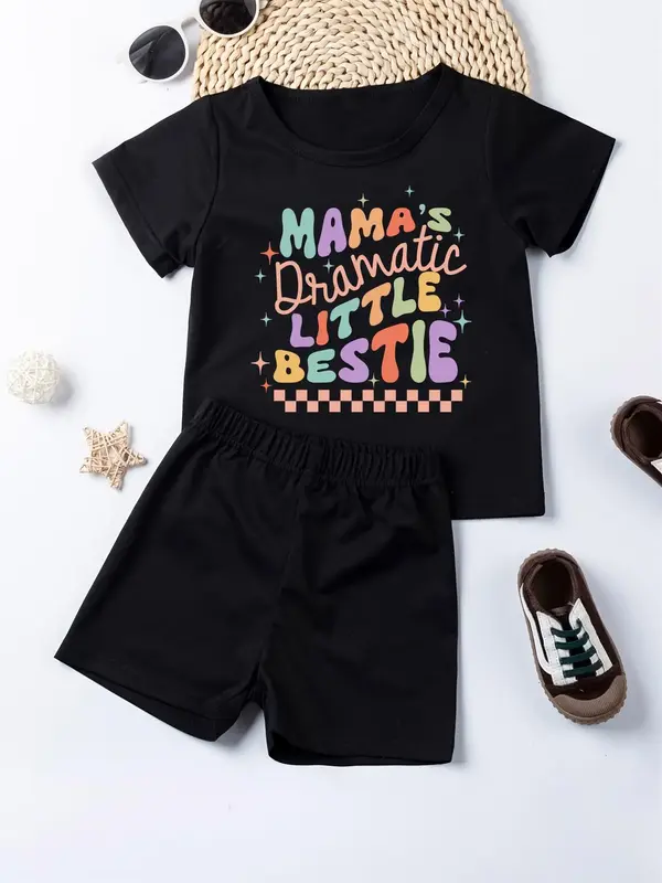 Toddler Girl's Letter Print Short Sleeve T-Shirt & Elastic Waist Shorts Set, Cute Graphic Tees & Track Shorts, Casual Summe...