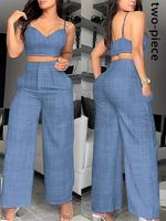 Two-piece Set Women's Solid Color Crop Cami Top & Wide Leg Pants, Casual Fashion Cozy Spaghetti Strap Top & Trousers for Dail...
