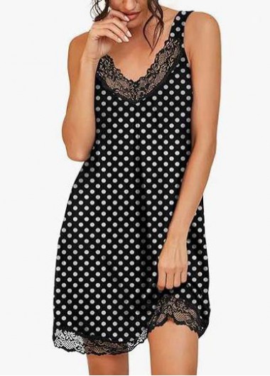 Modlily Black Polka Dot Sleeveless V Neck Nightdress - XL