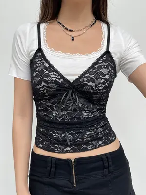 Women's Floral Lace Bow Decor Cami Top, Elegant Slim-fitting Spaghetti Strap Sleeveless Top for Dating Daily Wear, Cute Crop ...