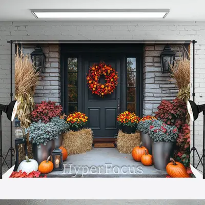 Bricks Door Porch Floral Pumpkin Autumn Backdrop - Aperturee