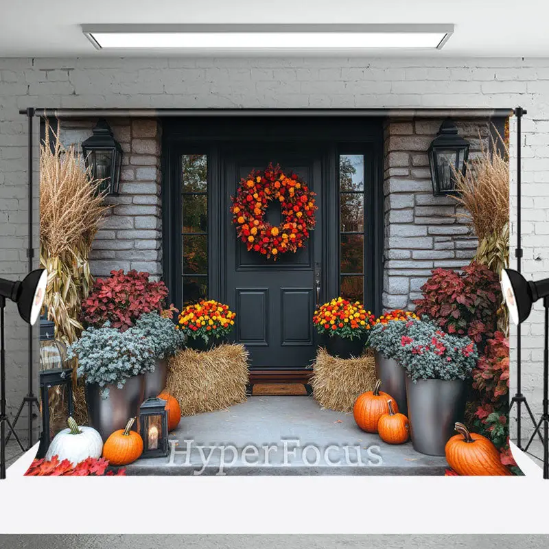 Bricks Door Porch Floral Pumpkin Autumn Backdrop - Aperturee