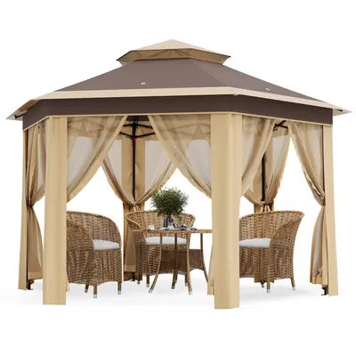 Garvee 13'x13' Hexagonal Pop-Up Gazebo Tent with Mosquito Netting - 6-Sided Instant Outdoor Canopy, Sun Shelter Pavilion for ...