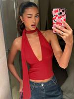 Women's Plain Halter Neck Tie Back Crop Cami Top, Casual Slim Sleeveless Top for Daily Wear, Ladies Clothes for All Seasons, ...