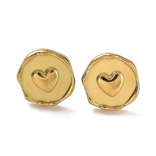 Ion Plating(IP) 304 Stainless Steel Flat Round with Heart Ear Studs for Women