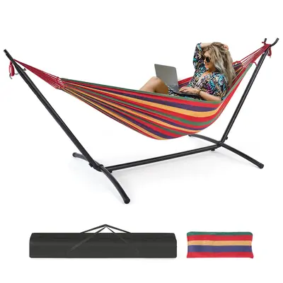 Double Hammock with Space Saving Steel Stand Heavy Duty 2 Person Standing Hammocks 450lb Capacity for Outside Garden Yard wit...
