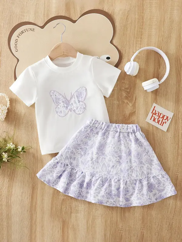 Toddler Girl's Butterfly Print Short Sleeve Tee & Skirt Two-piece Set, Casual Round Neck T-shirt & Skirt for Daily Wear, Kids...