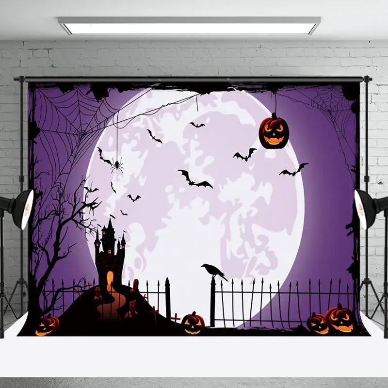 Purple Moon Vibe Pumpkin Bat Happy Halloween Backdrop