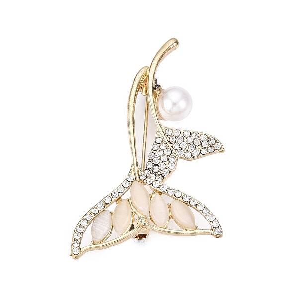 Alloy Crystal Rhinestone & Glass Whale Tail Brooch Pins with ABS Pearl for Clothes Backpack