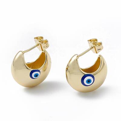 Enamel Crescent Moon with Evil Eye Stud Earrings