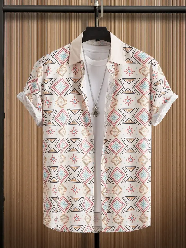 Men's Retro Geometric Print Button Front Shirt, Summer Clothes, Regular Fit Boho Casual Short Sleeve Collar Top For Beach Va...
