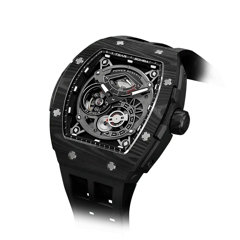 TSAR BOMBA Men's Automatic Watch | Cool Black | Elementalal TB8210CF | Carbon Fiber Bezel | Luxury Skeleton Mechanical Watch ...