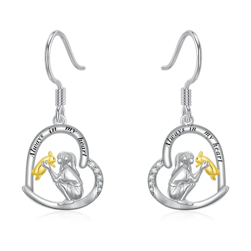 Sterling Silver Two-tone Circular Shaped Cubic Zirconia Rabbit & Heart Drop Earrings with Engraved Word