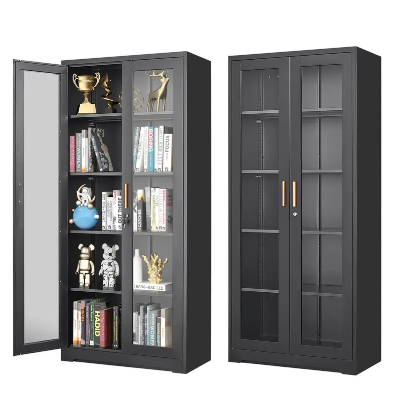 71-inch steel-framed glass display cabinet with lock and 5 adjustable shelves for collectibles, books, and wine. Freestanding...