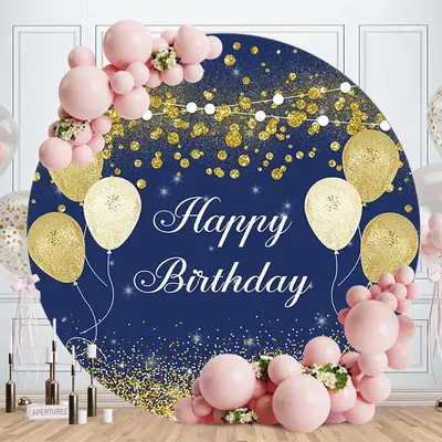 Aperturee Pink Green Tropical Leaf Happy Birthday Backdrop | Custom Round Birthday Backdrop | Round Backdrop Cover Diy | Roun...